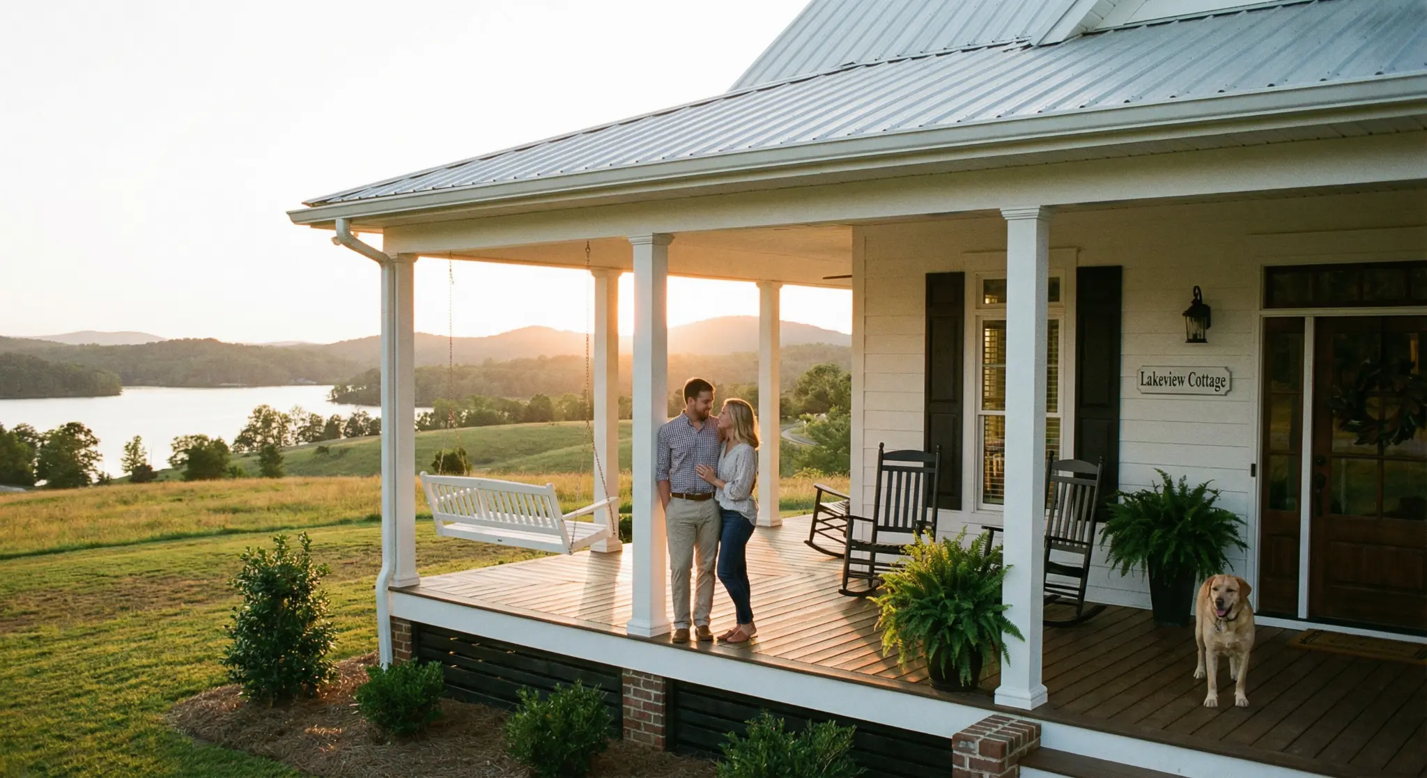Couple enjoying sunset on cottage porch with lake views at Edgewater