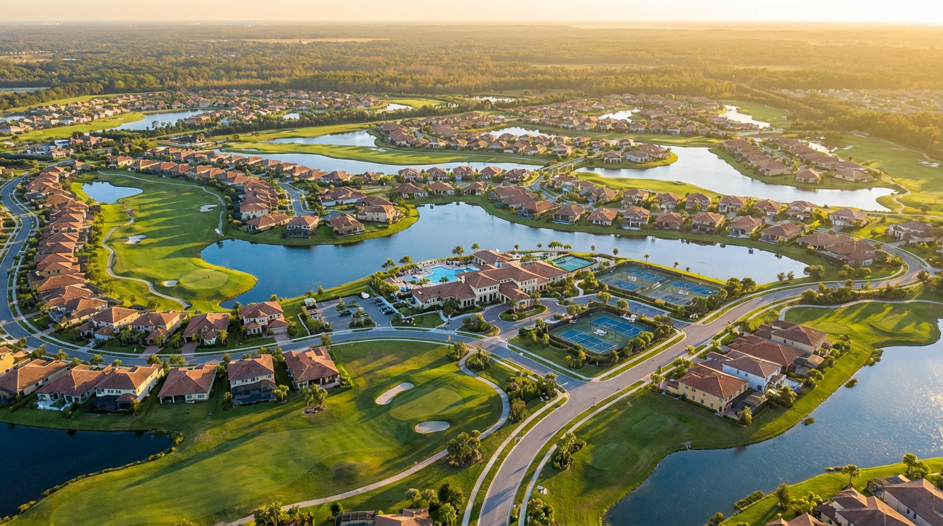 Aerial drone photo of entire Edgewater community showing lake, golf course, homes, and clubhouse complex