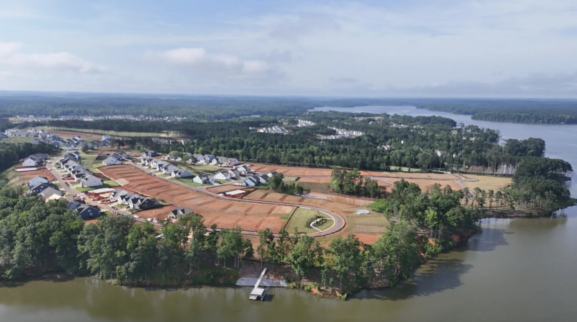Drone view of Harbor Pointe lakefront lots on Fishing Creek Lake