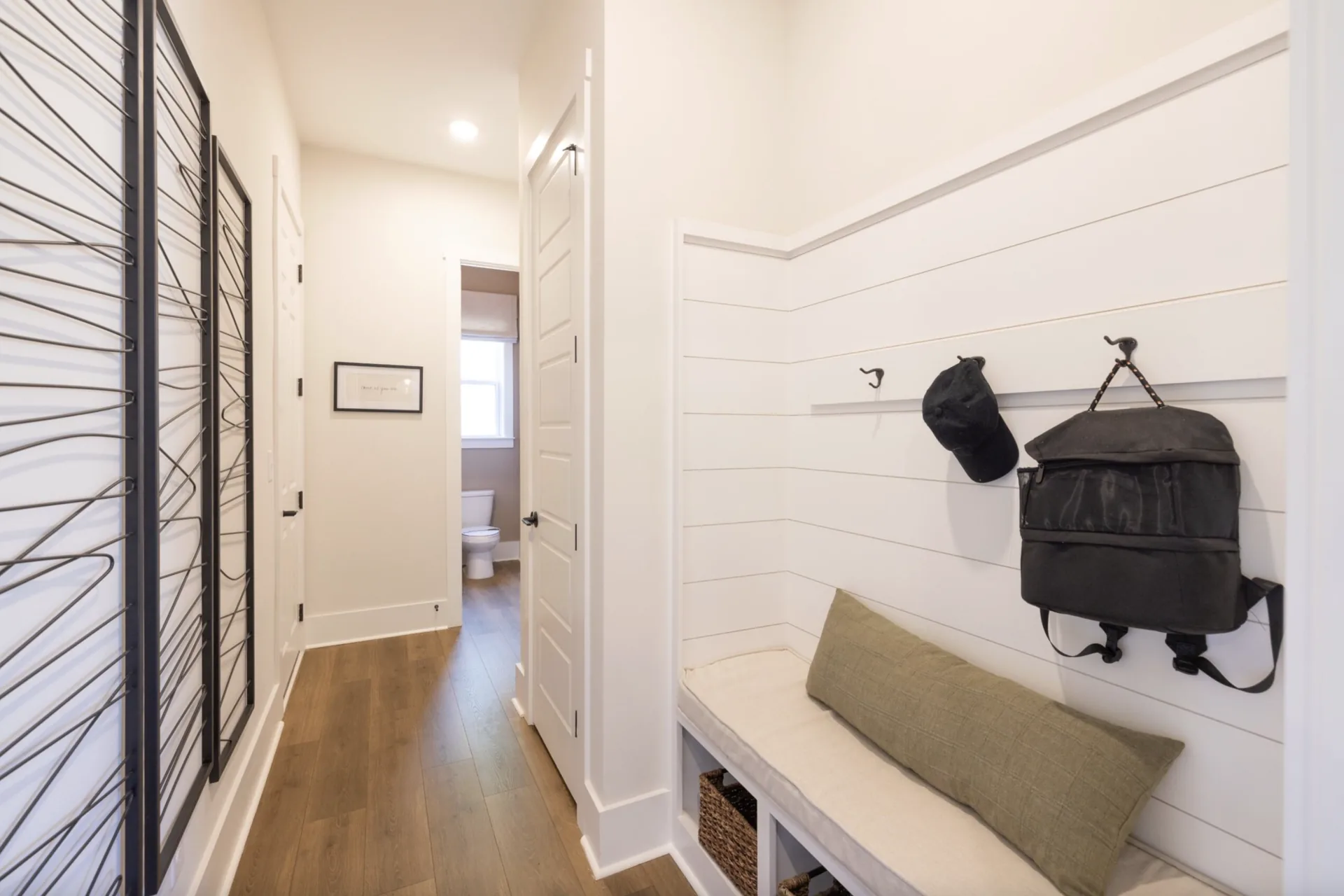 Built-in bench and cubbies in the Winslow