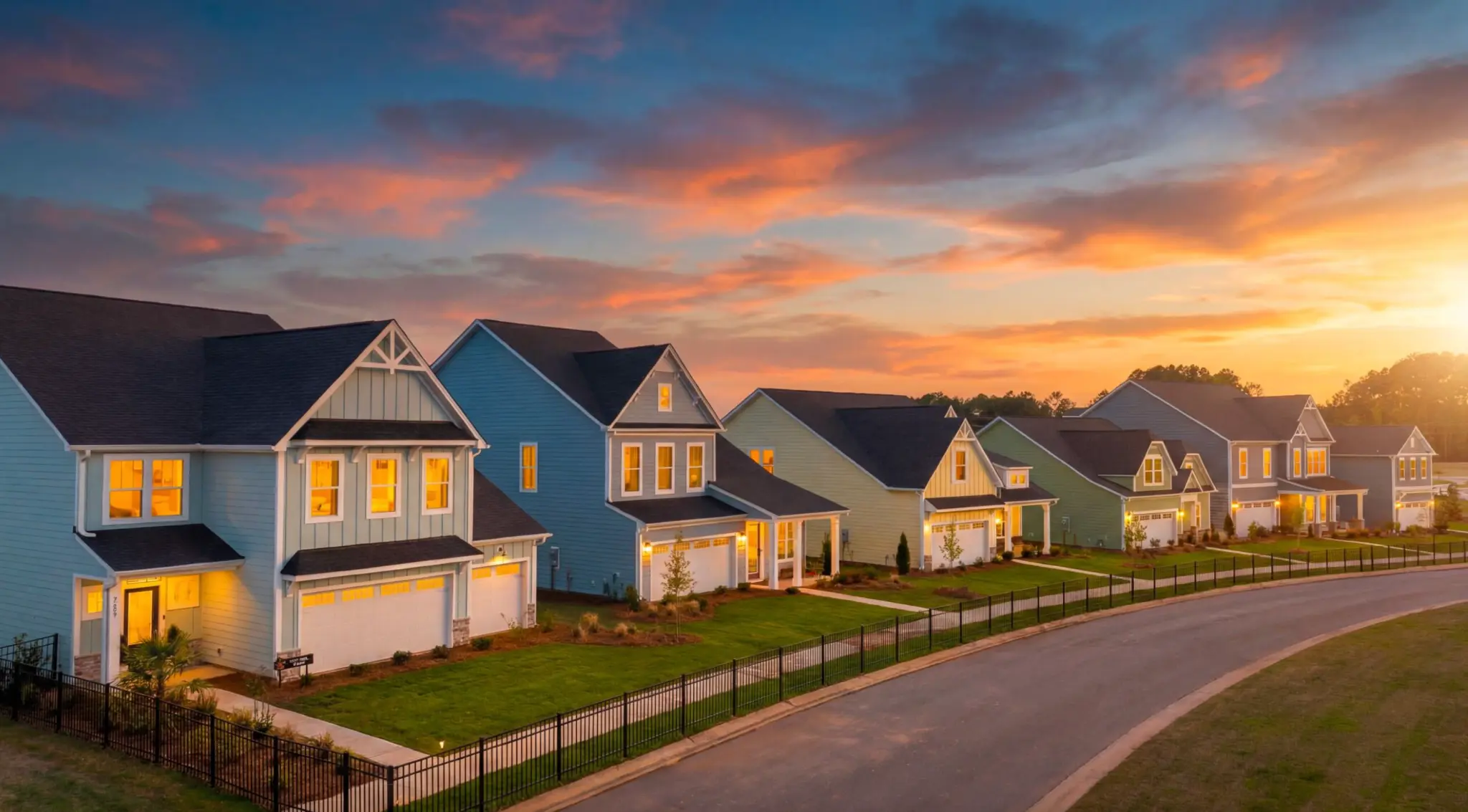 Row of two-story True Homes semi-custom homes at Edgewater in Lancaster South Carolina at golden hour, with clean cul-de-sac street and mature landscaping