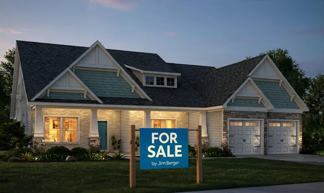 Move-in-ready showcase home at Edgewater with professional landscaping and evening lighting